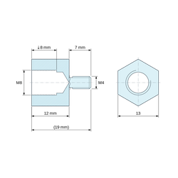 Desen cotat 12 mm / 7 mm, Distanțier hexagonal filetat exterior/interior din oțel zincat M8 / M4 - 13 mm între fețe