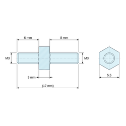 Desen cotat 3 mm / 6 / 8 mm, Distanțier hexagonal filetat exterior/exterior din oțel inoxidabil M3 - 5,5 mm între fețe, tije de 6 și 8 mm