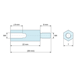 Desen cotat 22 mm / 8 mm, Distanțier hexagonal filetat exterior/interior din oțel zincat galben fără plumb M4 - 7 mm între fețe