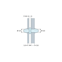 Desen cotat 2 mm, Suport PCB clipsabil pe ambele părți, poliamidă PA6.6 naturală UL94-V2, PCB Ø3,5 mm 1,6 mm / șasiu Ø3,5 mm 3,6 mm