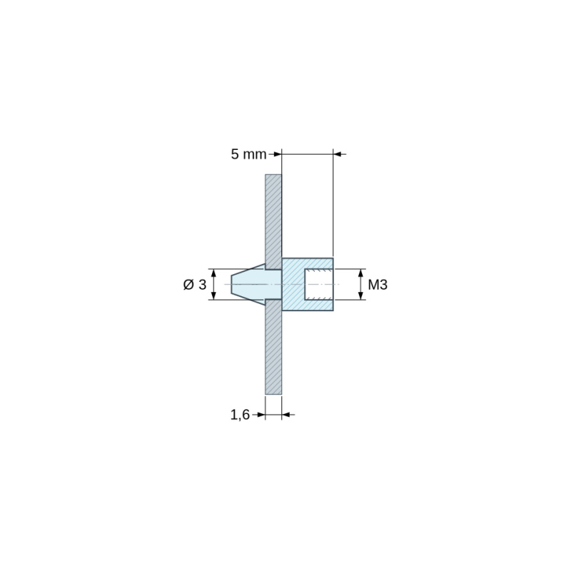 Desen cotat 5 mm, Suport clipsabil pentru placă electronică, cu filet interior M3, poliamidă PA6.6 neagră UL94-HB, orificiu Ø3 mm, placă 1,6 mm