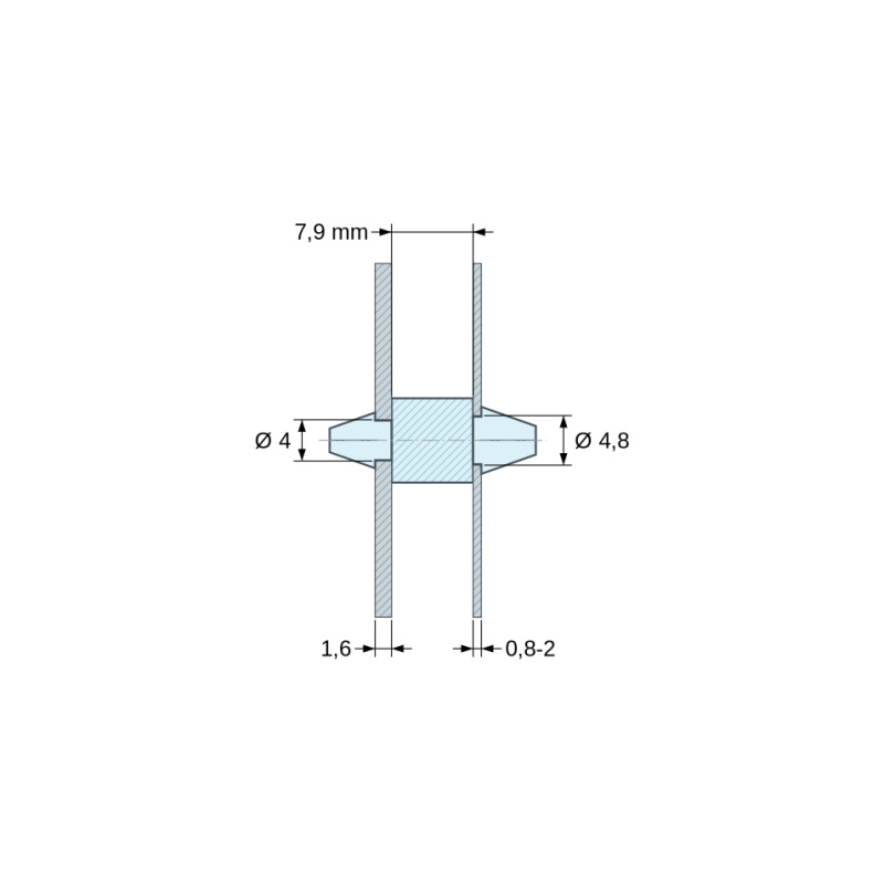 Desen cotat 7,9 mm, Suport PCB cu fixare dublă prin clipsare, Poliamidă PA6.6, naturală, UL94-V0, PCB Ø4/1,6 mm / CH Ø4,8/0,8–2 mm