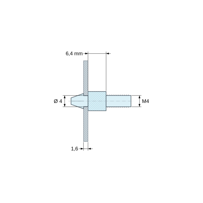 Desen cotat 6,4 mm, Suport clipsabil pentru placă electronică, filet M4, poliamidă PA6.6 naturală UL94-V2, orificiu Ø4 mm, placă 1,6 mm