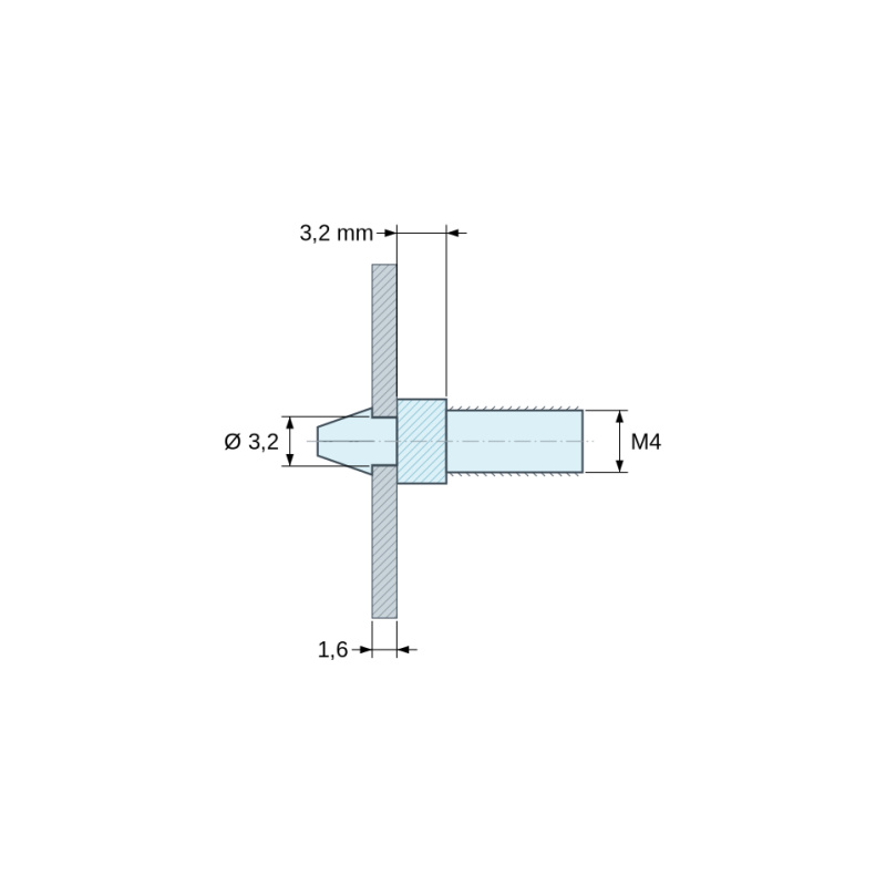 Desen cotat 3,2 mm, Suport clipsabil pentru placă electronică, filet M4, poliamidă PA6.6 naturală UL94-V2, orificiu Ø3,2 mm, placă 1,6 mm