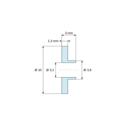 Desen cotat 3 mm, Bucșă de izolare cu flanșă Ø3,1x10mm, umăr jos Ø3,9mm, poliamidă PA6 naturală UL94-V2
