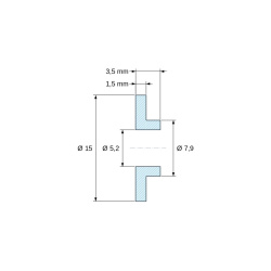 Desen cotat 3,5 mm, Bucșă de izolare cu flanșă Ø5,2x15mm, umăr jos Ø7,9mm, poliamidă PA6 naturală UL94-V2
