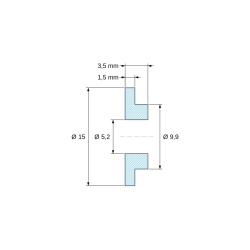 Desen cotat 3,5 mm, Bucșă de izolare cu flanșă Ø5,2x15mm, umăr jos Ø9,9mm, poliamidă PA6 naturală UL94-V2