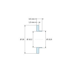 Desen cotat 3,5 mm, Bucșă de izolare cu flanșă Ø10,2x18mm, umăr jos Ø10,9mm, poliamidă PA6 naturală UL94-V2