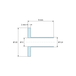 Desen cotat 9 mm, Bucșă de izolare cu flanșă Ø3x10mm, umăr înalt Ø3,4mm, poliamidă PA6.6 neagră armată cu fibră de sticlă UL94-HB