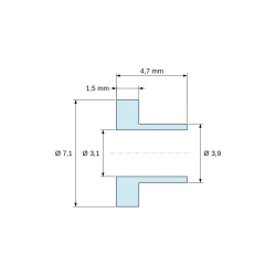 Desen cotat 4,7 mm, Bucșă de izolare cu flanșă Ø3,1x7,1mm, umăr jos Ø3,9mm, poliamidă PA4.6 neagră armată cu fibră de sticlă UL94-V0