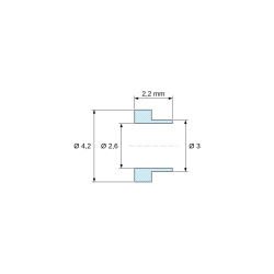 Desen cotat 2,2 mm, Bucșă de izolare cu flanșă Ø2,6x4,2mm, umăr jos Ø3mm, PTFE natural UL94-V0