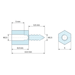 Kótovaný výkres 6,8 mm / 6,5 mm, Samorezný šesťhranný dištančný stĺpik, pozinkovaná oceľ M2,5 / ST2,6 - 5 mm cez plochy