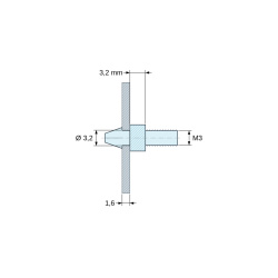 Kótovaný výkres 3,2 mm, Zacvakávací držiak dosky plošných spojov so závitom M3, prírodný polyamid PA6.6 UL94-V2, otvor Ø3,2 mm, doska 1,6 mm