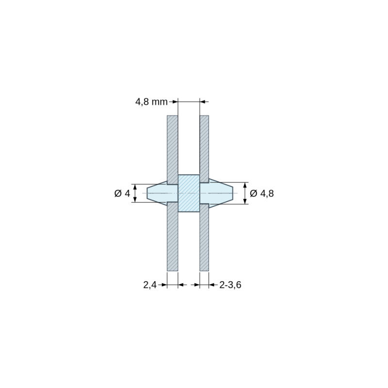 Kótovaný výkres 4,8 mm, Obojstranne zacvakávacia podpera DPS, Polyamid PA6.6, prírodný, UL94-V2, PCB Ø4/2,4 mm / CH Ø4,8/2–3,6 mm
