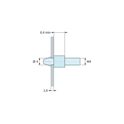 Kótovaný výkres 6,4 mm, Zacvakávací držiak dosky plošných spojov so závitom M4, prírodný polyamid PA6.6 UL94-V2, otvor Ø4 mm, doska 1,6 mm