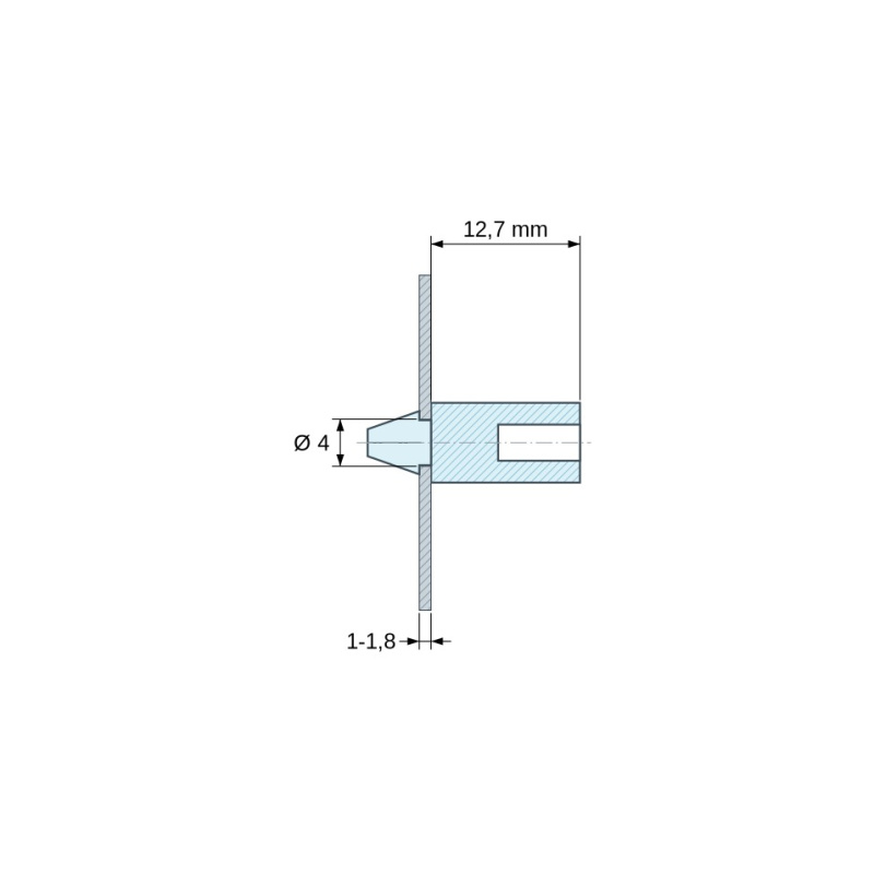 Kótovaný výkres 12,7 mm, Zacvakávací držiak dosky plošných spojov pre samoreznú skrutku Ø3,5, PA6.6 prírodný UL94-V2, otvor Ø4 mm, doska 1–1,8 mm