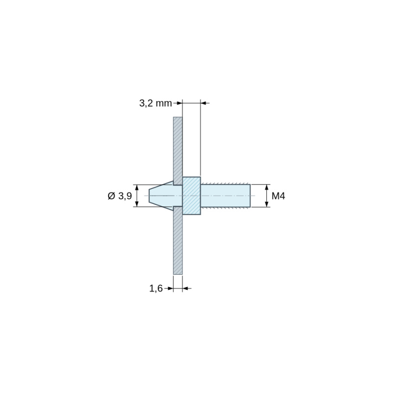 Kótovaný výkres 3,2 mm, Zacvakávací držiak dosky plošných spojov so závitom M4, prírodný polyamid PA6.6 UL94-V2, otvor Ø3,9 mm, doska 1,6 mm