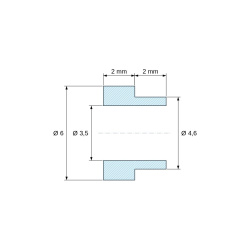 Kótovaný výkres 2 mm, Dištančný stĺpik s osadením PA6-GF Ø3,5×6 mm, osadenie Ø4,6×2 mm, M3, UL94-HB