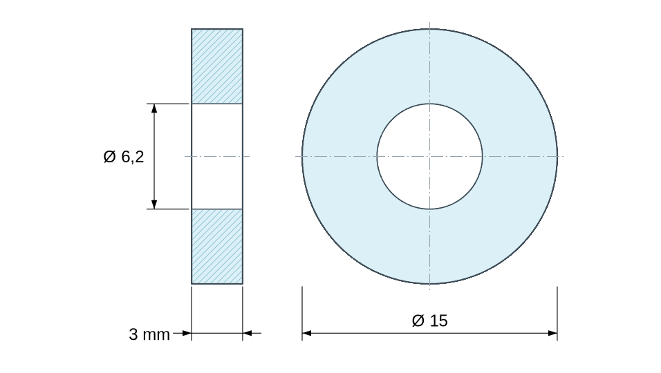 Kotirana risba gladkega distančnika iz naravnega poliamida PA6.6 Ø6,2x15mm za vijak M6
