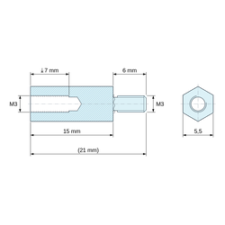 Måttsatt ritning 15 mm / 6 mm, Gängad sexkantdistans med utvändig/invändig gänga i passiverat aluminium M3 - nyckelvidd 5,5 mm