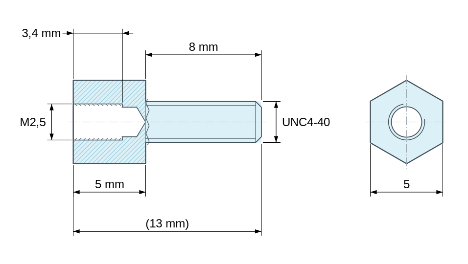 Måttsatt ritning av sexkantig gängad distanshylsa med utvändig/invändig gänga i förzinkat stål M2,5 / UNC4-40 - 5 mm nyckelvidd Måttsatt ritning av sexkantig gängad distanshylsa med utvändig/invändig gänga i förzinkat stål M2,5 / UNC4-40 - 5 mm nyckelvidd