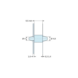 Dubbelsidigt snäppfäste för kretskort, naturfärgad PA6.6-polyamid UL94-V2, kretskort Ø4 mm 1,6 mm / chassi Ø4,8 mm 0,2–1,4 mm