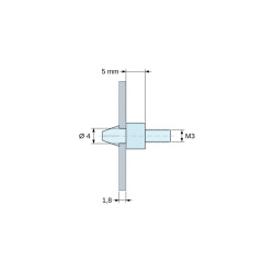 Måttsatt ritning 5 mm, Snäppfäste för kretskort med M3-gänga, svart PA6.6-polyamid UL94-HB, hål Ø4 mm, kretskort 1,8 mm