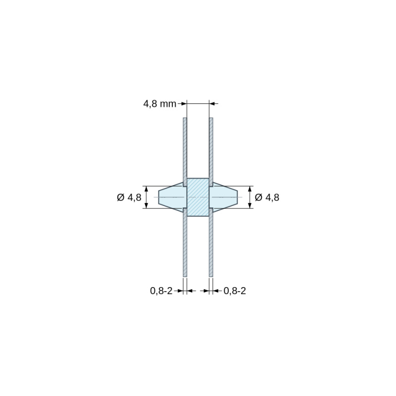 Måttsatt ritning 4,8 mm, Dubbelsidigt snäppfäste för kretskort, PA6.6 naturfärgad, UL94-V2, PCB-hål Ø4,8 mm, kretskortstjocklek 0,8–2 mm