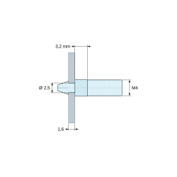 Måttsatt ritning 3,2 mm, Snäppfäste för kretskort med M4-gänga, naturfärgad PA6.6-polyamid UL94-V2, hål Ø2,5 mm, kretskort 1,6 mm