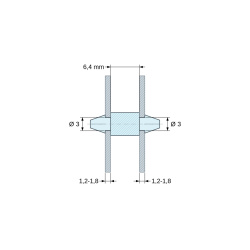 Måttsatt ritning 6,4 mm, Dubbelsidigt snäppfäste för kretskort, PA6.6 svart, UL94-V2, PCB-hål Ø3 mm, kretskortstjocklek 1,2–1,8 mm