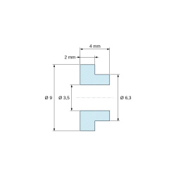 Måttsatt ritning 4 mm, Isolerbussning med fläns Ø3,5x9mm, hög ansats Ø6,3mm, svart glasfiberförstärkt PA6.6-polyamid UL94-HB