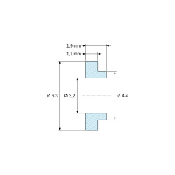 Måttsatt ritning 1,9 mm, Isolerbussning med fläns Ø3,2x6,3mm, låg ansats Ø4,4mm, svart glasfiberförstärkt PA4.6-polyamid UL94-V0